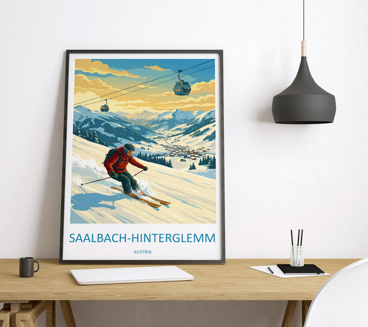 Saalbach Hinterglemm Austria Ski Print Travel Poster Alpine Resort Wall Art Famous Ski Area Winter Sports Europe Decor Artwork