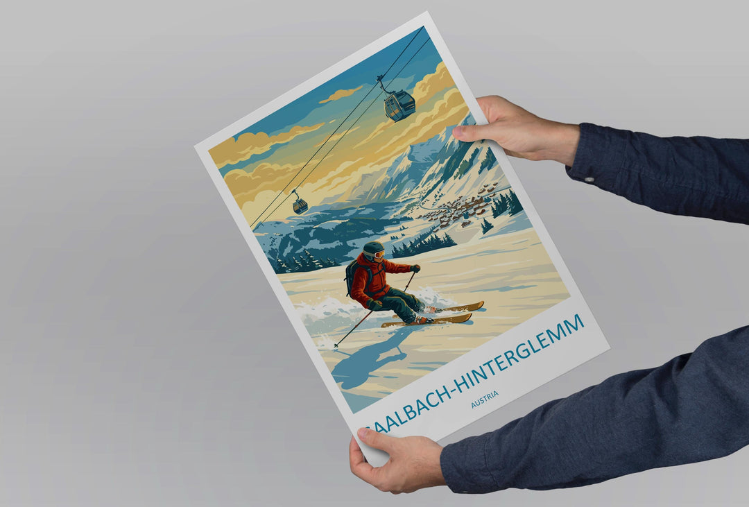Saalbach Hinterglemm Austria Ski Print Travel Poster Alpine Resort Wall Art Famous Ski Area Winter Sports Europe Decor Artwork