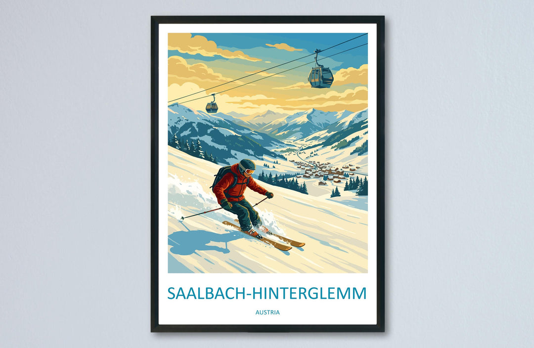 Saalbach Hinterglemm Austria Ski Print Travel Poster Alpine Resort Wall Art Famous Ski Area Winter Sports Europe Decor Artwork