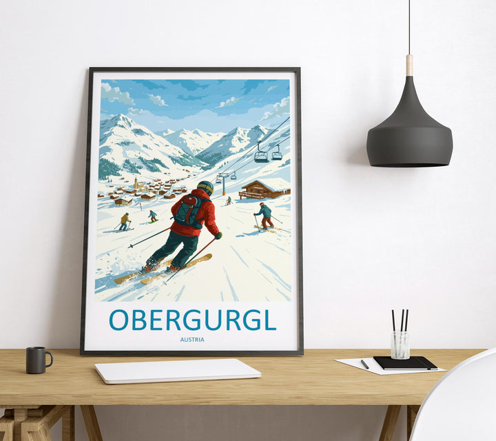 Obergurgl Austria Ski Print Travel Poster High Alpine Resort Wall Art Snow Sure Ski Village Europe Decor Artwork