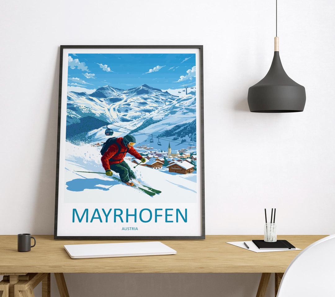 Mayrhofen Austria Ski Print Travel Poster Alpine Resort Wall Art Zillertal Valley Ski Village Winter Sports Europe Decor Artwork