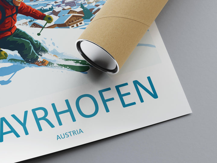 Mayrhofen Austria Ski Print Travel Poster Alpine Resort Wall Art Zillertal Valley Ski Village Winter Sports Europe Decor Artwork