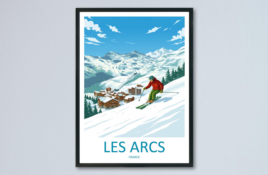 Les Arcs France Ski Print Travel Poster Alpine Resort Wall Art Paradiski Ski Area Mountain Village Winter Sports Europe Decor Artwork