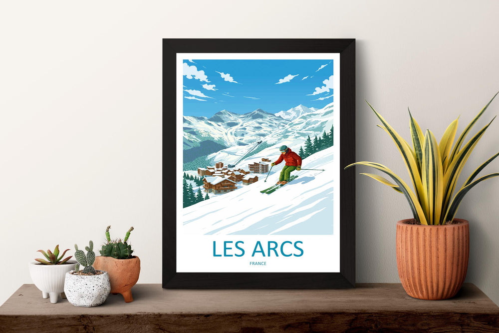 Les Arcs France Ski Print Travel Poster Alpine Resort Wall Art Paradiski Ski Area Mountain Village Winter Sports Europe Decor Artwork