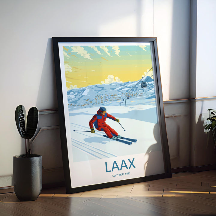 Laax Switzerland Ski Print Travel Poster Alpine Resort Wall Art Freestyle Ski Area Mountain Village Winter Sports Europe Decor Artwork
