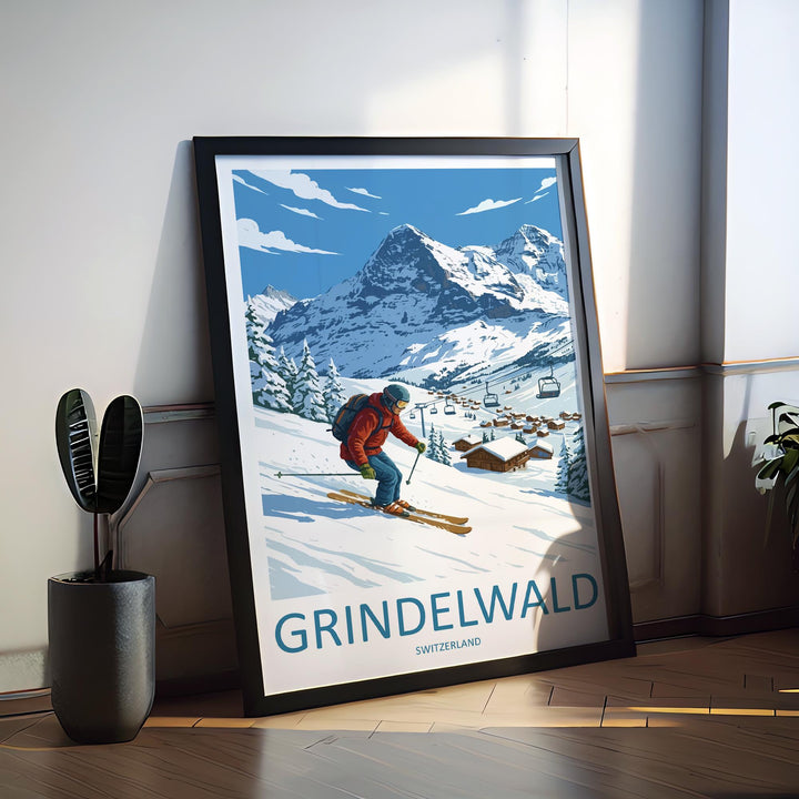 Grindelwald Switzerland Ski Print Travel Poster Alpine Village Wall Art Bernese Alps Ski Resort Winter Sports Europe Decor Artwork