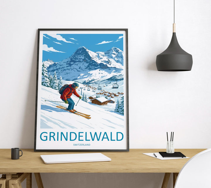 Grindelwald Switzerland Ski Print Travel Poster Alpine Village Wall Art Bernese Alps Ski Resort Winter Sports Europe Decor Artwork
