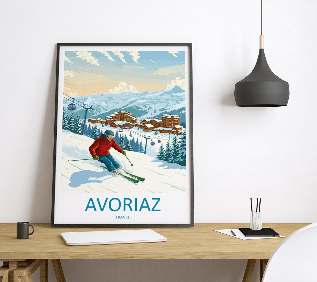 Avoriaz France Ski Print Travel Poster Alpine Resort Wall Art Car Free Ski Village Portes du Soleil Europe Decor Artwork