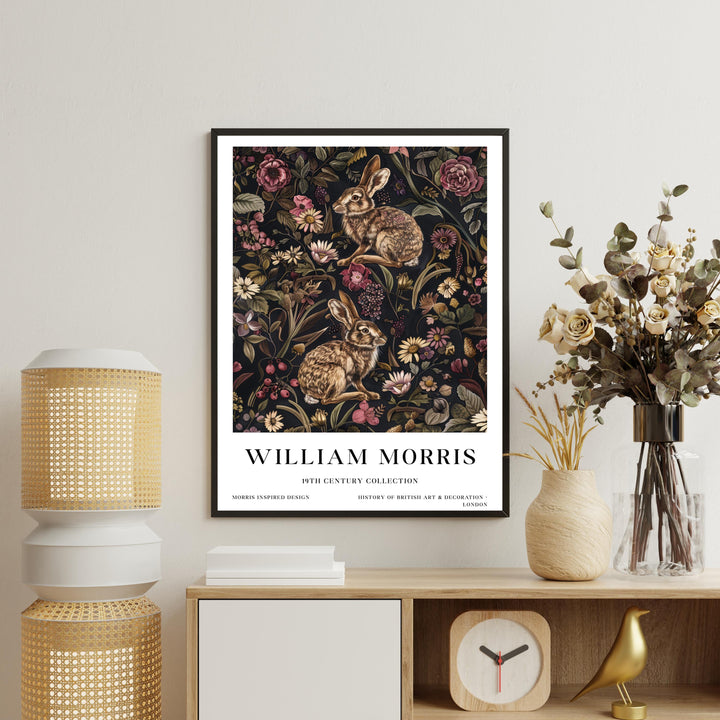 William Morris Hare Rabbit Wall Art Woodland Animal Dark Floral Botanical Print Cottagecore Decor Arts And Crafts Poster Artwork for Home