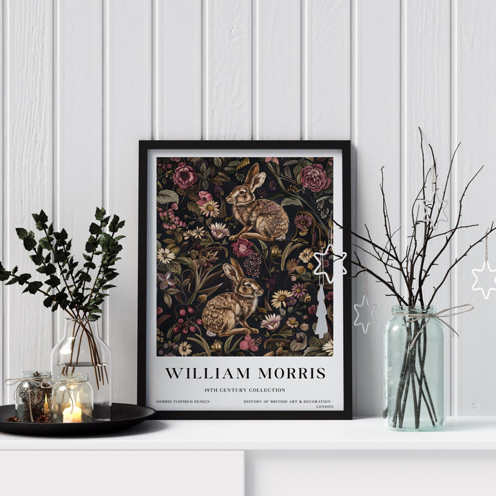 William Morris Hare Rabbit Wall Art Woodland Animal Dark Floral Botanical Print Cottagecore Decor Arts And Crafts Poster Artwork for Home