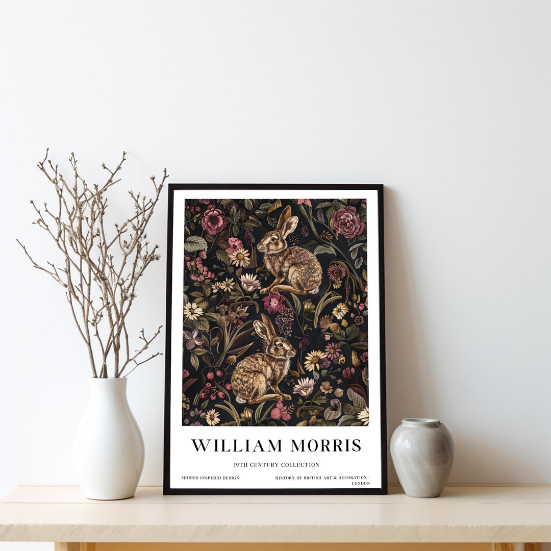 William Morris Hare Rabbit Wall Art Woodland Animal Dark Floral Botanical Print Cottagecore Decor Arts And Crafts Poster Artwork for Home