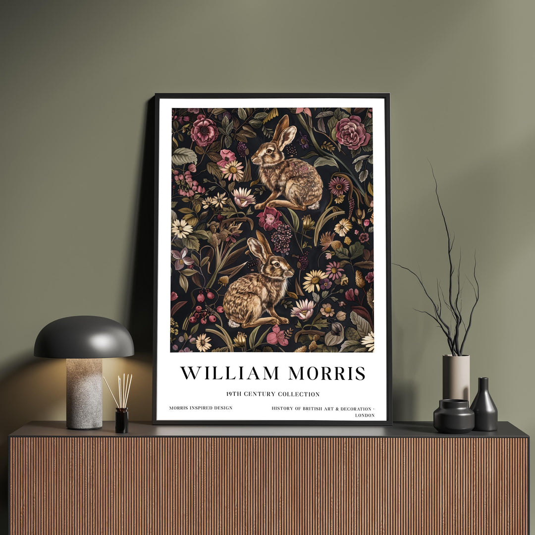William Morris Hare Rabbit Wall Art Woodland Animal Dark Floral Botanical Print Cottagecore Decor Arts And Crafts Poster Artwork for Home